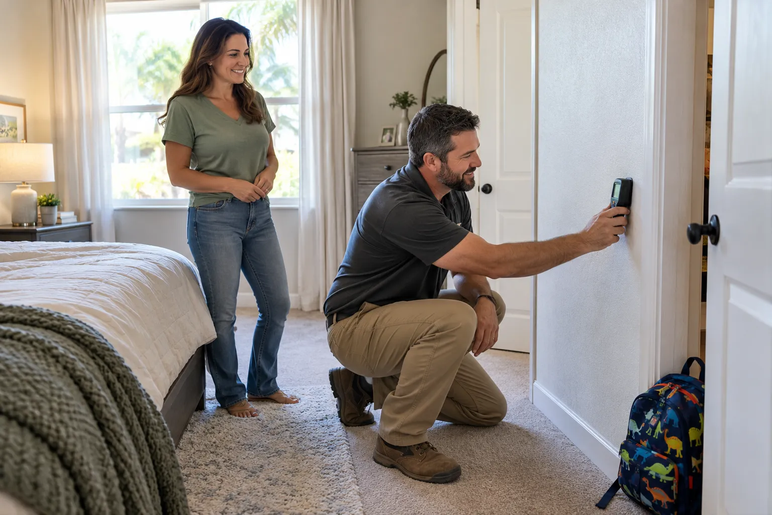 Mold inspector using a thermal camera on a wall